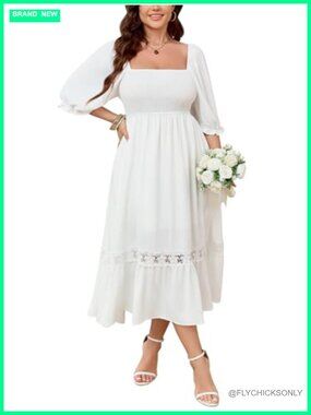 Plus Size Fall Maxi Dress Square Neck Flutter Sleeve A-Line Lace Trim